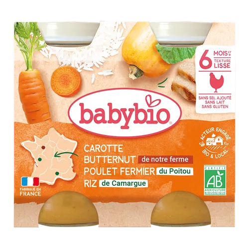 BABYBIO Mrkva s maslovou tekvicou, kuraťom a ryžou