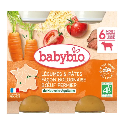 BABYBIO Zelenina s cestovinami na bolonský spôsob s hovädzím (2x 200 g)