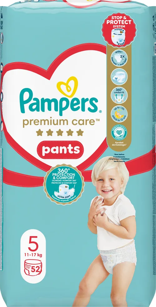 Pampers Premium Care plienkové nohavičky veľkosť 5, 52 ks, 11-17kg