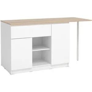 Vente-unique Ilot central de cuisine avec 2 portes, 1 tiroir et 2 niches - Blanc et naturel - TUNORI
