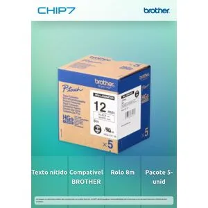 Fita BROTHER HGe com texto Preto e fundo Branco 12mm x 8m - Pack 5 unidades