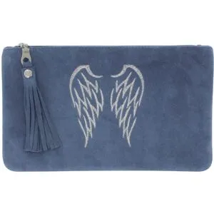 LES POULETTES BIJOUX - Pochette Sac Daim Brodé Deux Ailes d'Ange Couleur Bleues