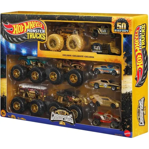 Mattel Hot Wheels Monster Trucks Bigfoot 50. výročie Set angličákov & truckov