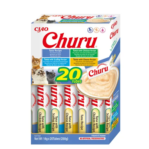 Inaba Cat Ciao Churu krémové krmivo pro kočky - výběr tuňáka (tuňák, kuřecí, mušle, sýr) 20 x 14 g