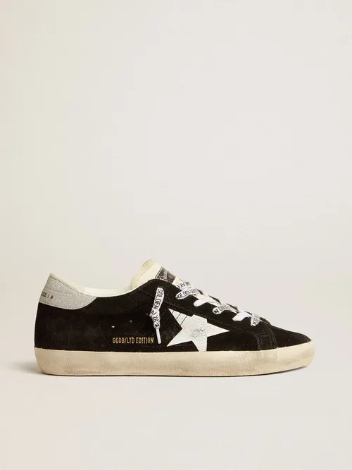 Golden Goose - Super-star Femme Ltd En Daim Noir Avec Étoile Imprimée Blanche Et Contrefort À Paillettes Argentées, Femme, Taille: 37