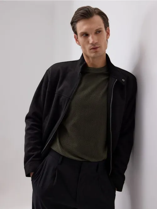 Reserved - Strukturalny t-shirt comfort fit - ciemnozielony