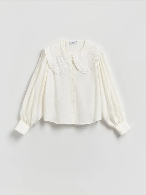 Reserved - Koszula z dekoracyjnym kołnierzem - złamana biel