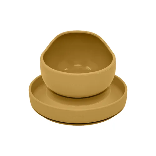 PETITE&MARS Set jídelní silikonový TAKE&MATCH 2 ks talíř + miska Intense Ochre 6m+