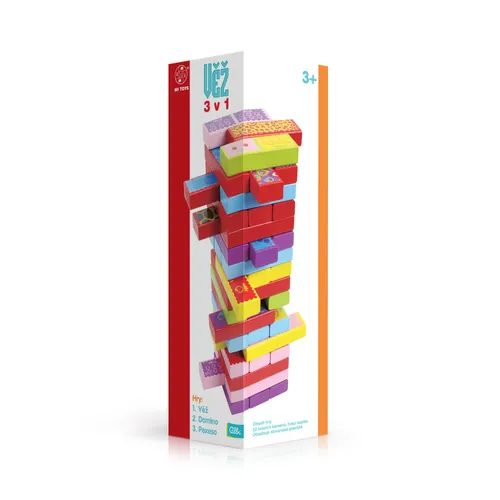 Albi Dřevěná věž 3v1 společenská hra – pexeso a domino, barevné bloky, 52 kamenů + kostka