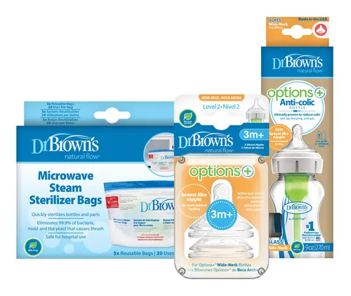 DR.BROWN'S Set WN SKLO 270ml + Savičky WN Level-2 2ks + Sáčky na sterilizaci lahví 5ks