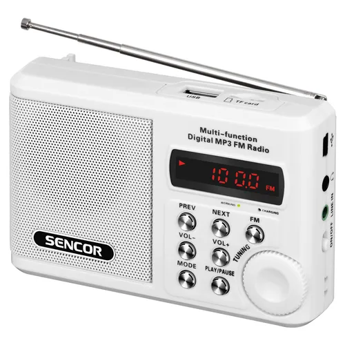 Sencor SRD 215 W Vreckový rádioprijímač FM analógový prijímač so zobrazením frekvencie na LED displeji, USB konektor, Slot na micro SD kartu ( max. 8