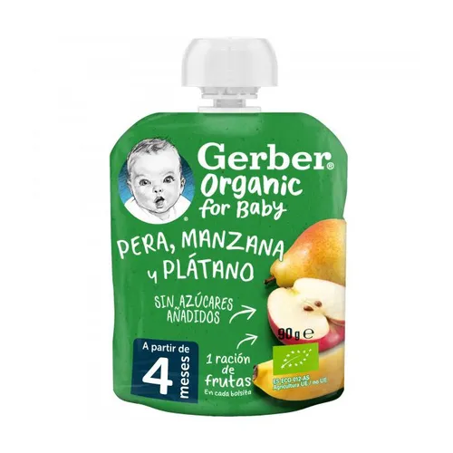 Gerber Organic Pouch Pera, Manzana, Plátano +4 meses 90 gr