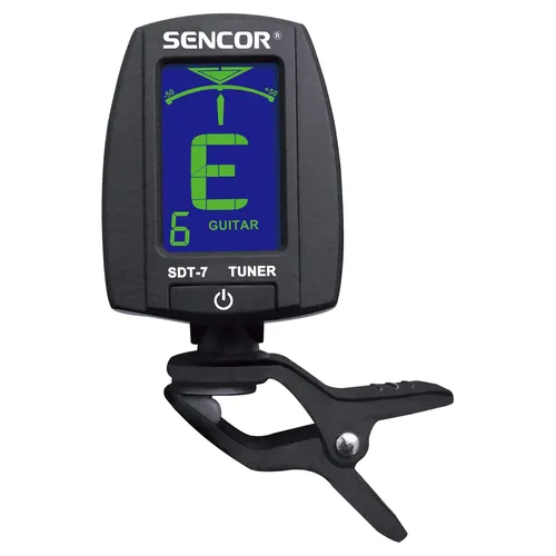 Sencor SDT 7 Vibrační ladička Vibrační snímání, Indikace vyladění na LCD displeji a barevným podsvětlením, Režimy chromatický, kytarový, baskytarový,
