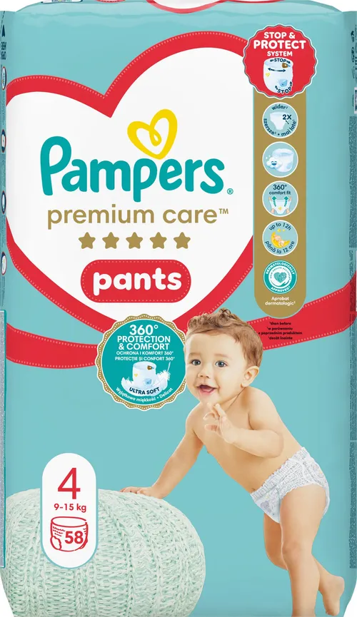 Pampers Premium Care plienkové nohavičky veľkosť 4, 58 ks, 9kg-15kg